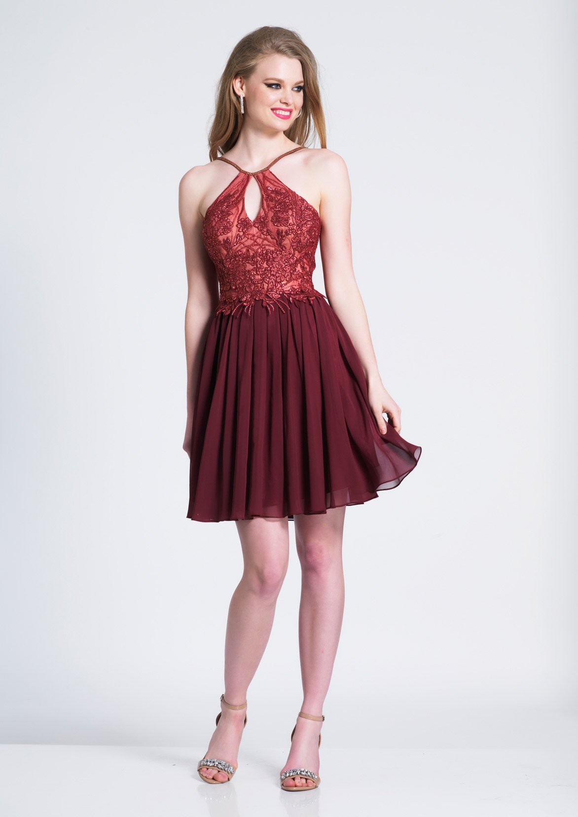 Image of Dave & Johnny - A7050 Embroidered Halter Neck A-line Cocktail Dress