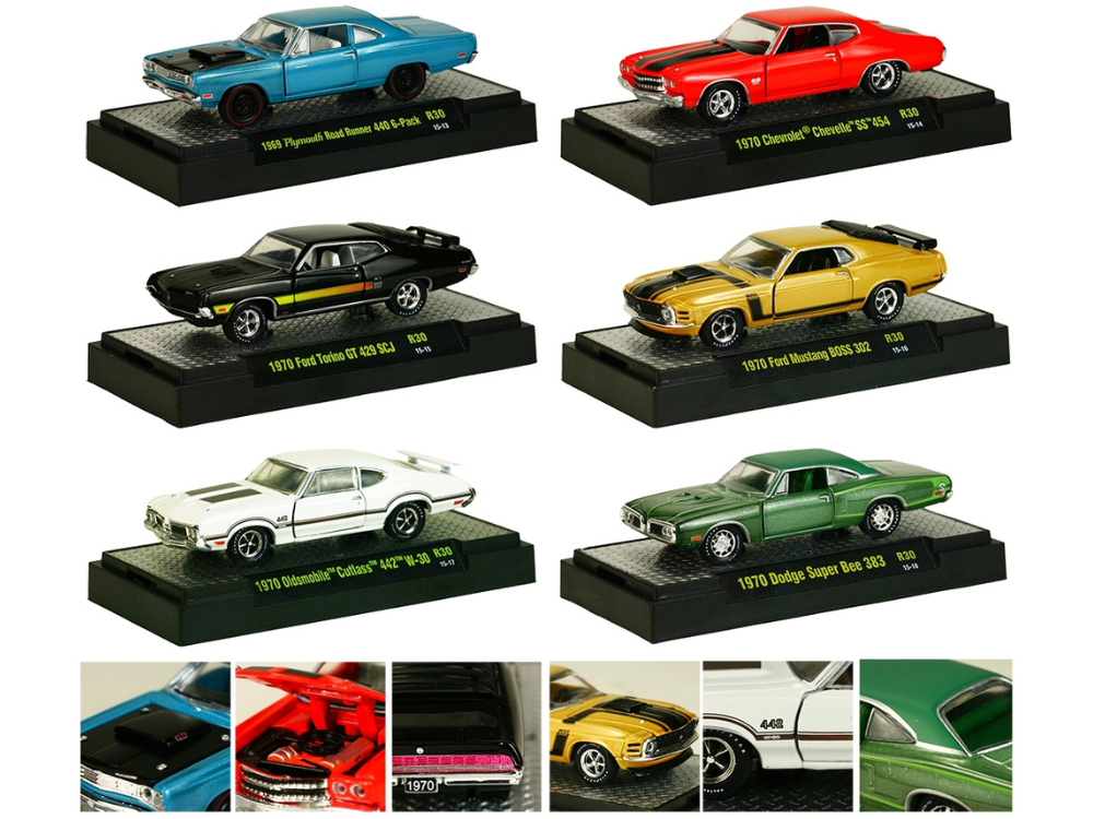 Image of "Detroit Muscle" Set of 6 Cars Release 30 IN DISPLAY CASES 1/64 Diecast Model Cars by M2 Machines