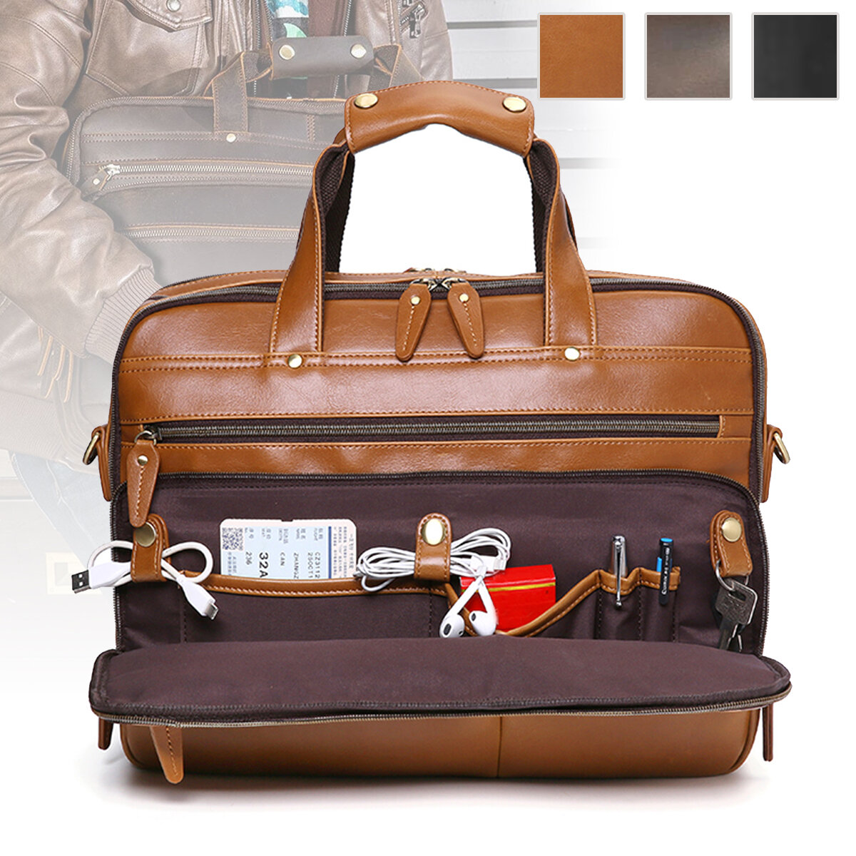 Image of E Ekphero Men PU Leather Multifunction Large Capacity Vintage 14 Inch Laptop Bag Multi-Layers Briefcase Handbag Crossbod