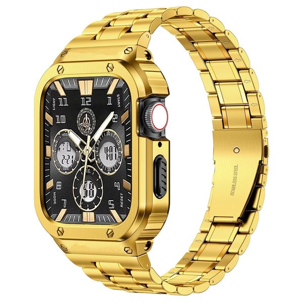 Image of EN 897102148 delightor stainless steel band and case compatible with apple watch bands 45mm men rugged metal strap and protective bumper cover