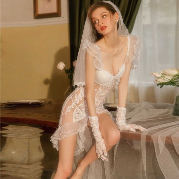 Image of ENH 827530652 toy massager thin lace perspective mesh dress bridal wedding nightdress temptation fun role-playing uniform 9388