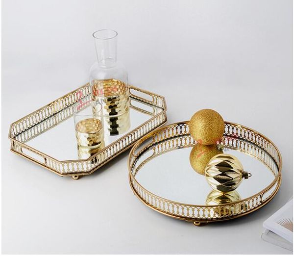Image of ENM 483437984 iron golden glass breakfast trays mirror bottom metal kitchen storage living room lightweight luxury swaying plate decorative fruit pallet