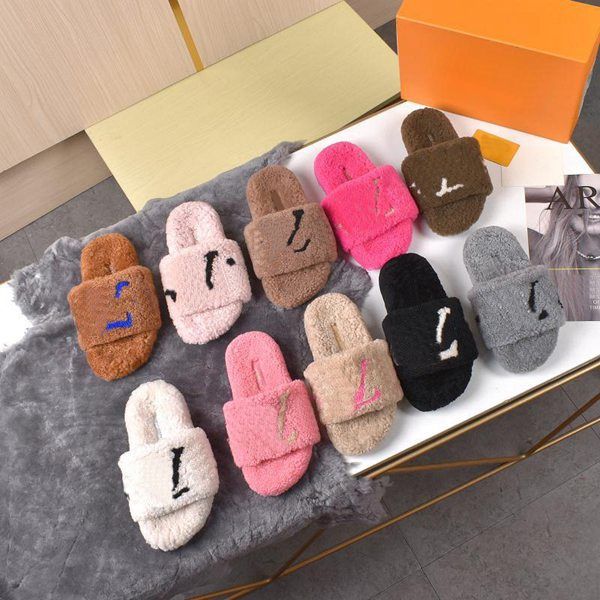 Image of ENM 544140305 new designer slippers paseo flat comfort mules wool sandals luxury brand sandals women lambswool sandals wool mule sandals slippers size 35-