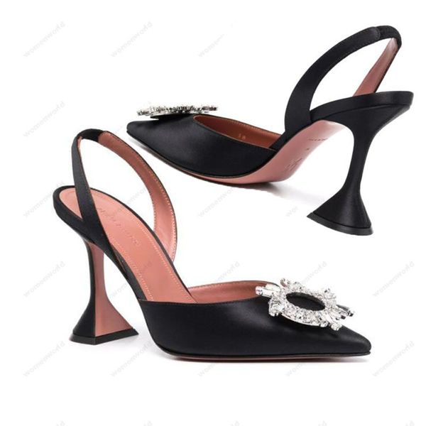 Image of ENS 766508228 luxury designer amina muaddi womens sandals leather sole designer high heels 10cm diamond chain decoration silk wedding banquet women black