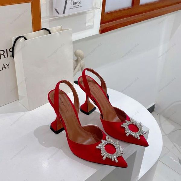 Image of ENS 766509252 luxury designer amina muaddi womens sandals leather sole designer high heels 10cm diamond chain decoration silk wedding banquet women red sa
