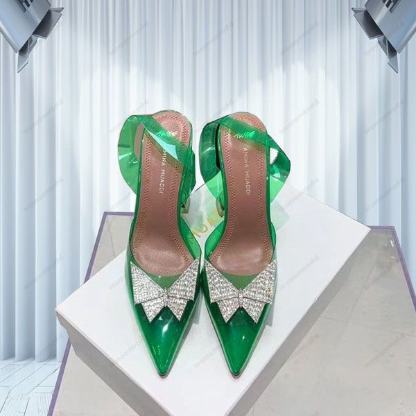 Image of ENS 766524072 luxury designer amina muaddi sandals new clear begum glass pvc crystal transparent slingback sandal heel pumps 100mm green crystal-embellish