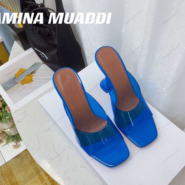 Image of ENS 766655004 luxury designer amina muaddi sandals new clear begum glass pvc crystal transparent slingback sandal heel pumps naima embellished royalblue m