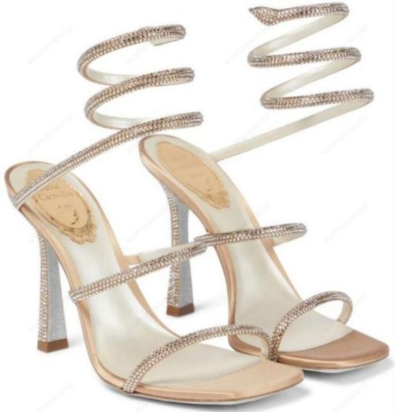 Image of ENS 767514797 rene caovilla 10cm stiletto high heel sandals crystal karung rose gold snakelike twining rhinestone sandals women summer thick heels shoes l