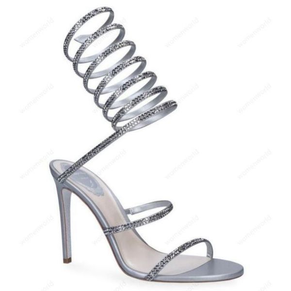 Image of ENS 767733315 rene caovilla cleo open toe sandals crystal embellished spiral wrap around sandals twining rhinestone sandal women silver grey stiletto heel