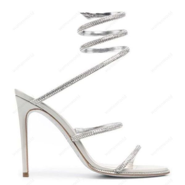 Image of ENS 767769728 rene caovilla cleo open toe sandals crystal embellished spiral snake tail sandals twining rhinestone sandal women white cleam stiletto heels