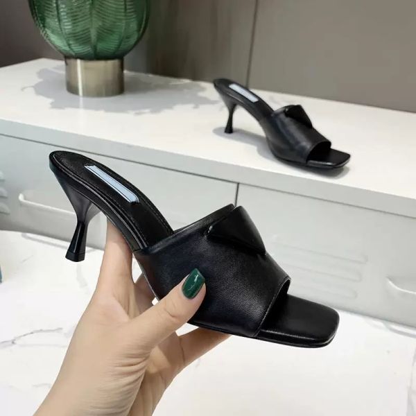 Image of ENS 808452431 women slippers high heels sandals flip flops stylist shoes patent leather inverted triangle logos pure color letter flat slide with box