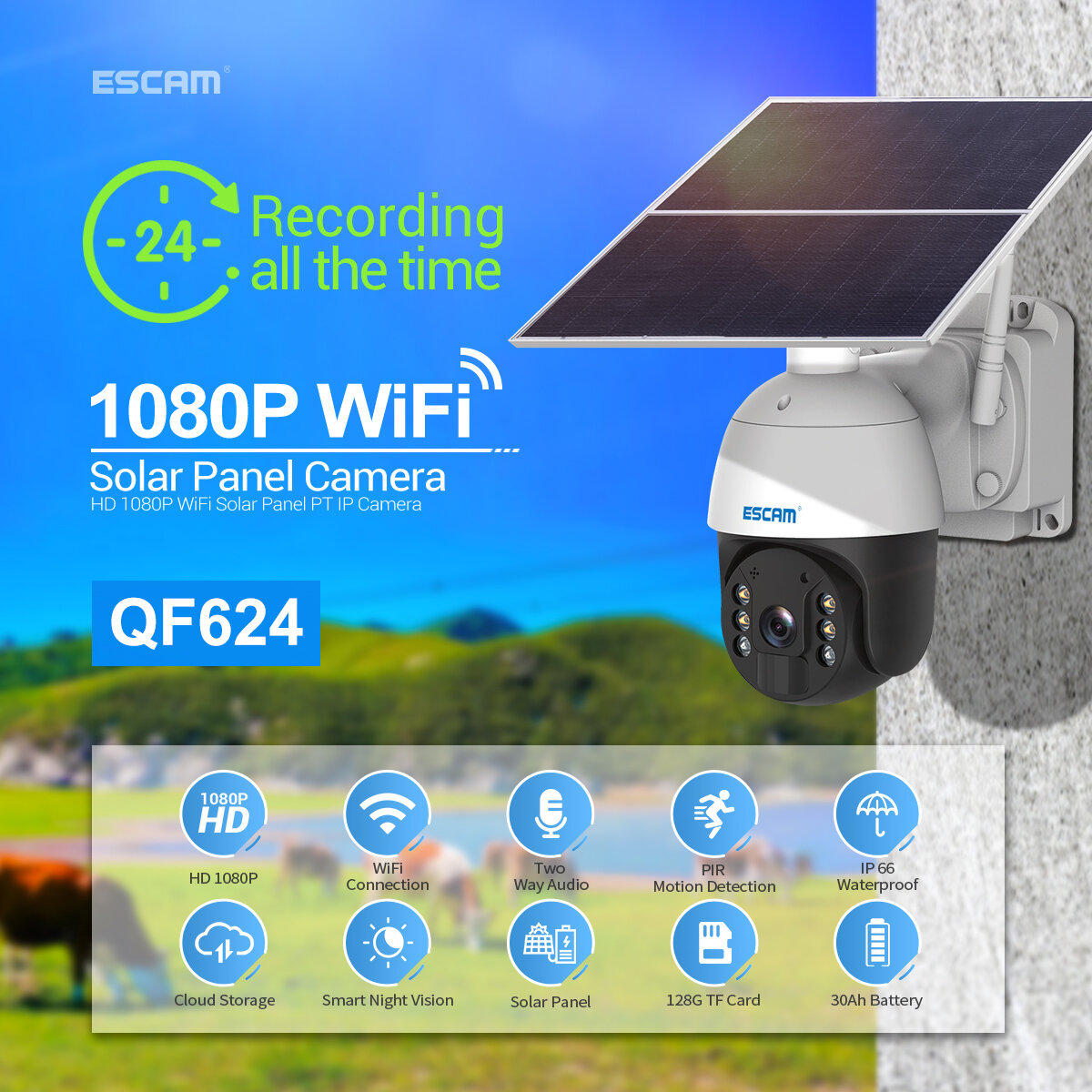Image of ESCAM QF624 HD 1080P WiFi Solar Panel PT IP Camera Cloud Storage Battery Solar Powered Pan/Tilt Monitoring Waterproof IP
