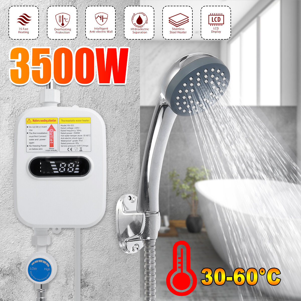 Image of [EU Direct] 3500W 220V Mini Water Heater Hot Electric Tankless Household Bathroom Faucet with Shower Head LCD Temperatur