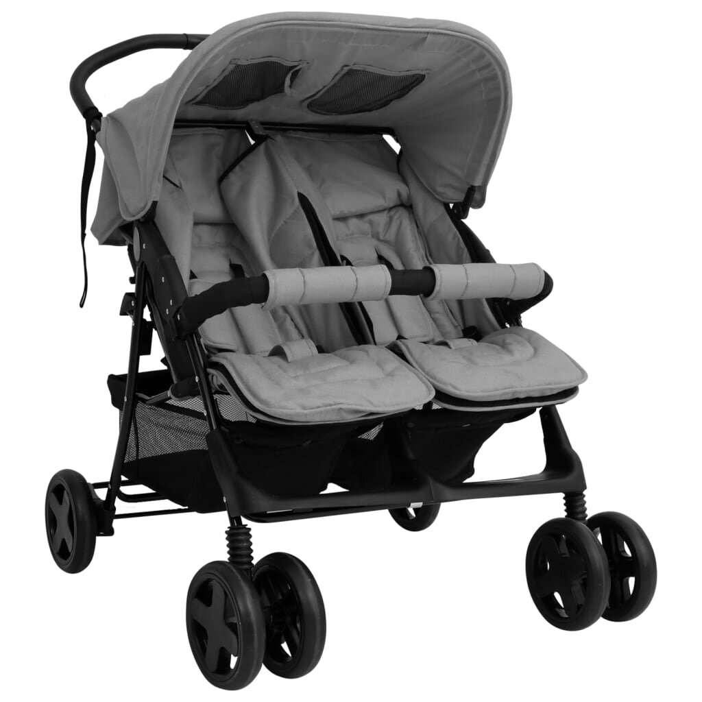 Image of [EU Direct] vidaXL 10341 Twin Stroller Light Grey Steel Luxury Baby Stroller Cart Portable Pushchair Infant Carrier Fold