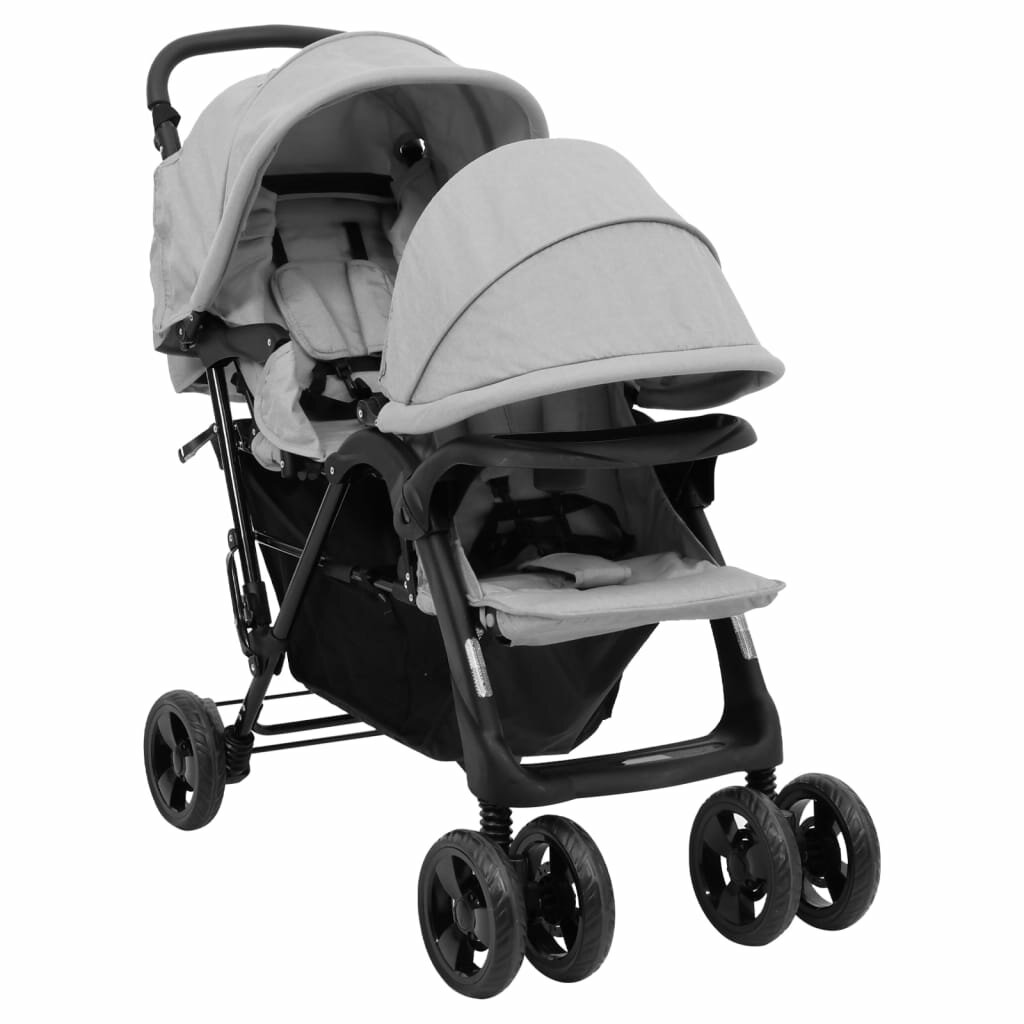 Image of [EU Direct] vidaXL 10347 Tandem Twin Stroller Light Grey Steel Luxury Baby Stroller Cart Portable Pushchair Infant Carri