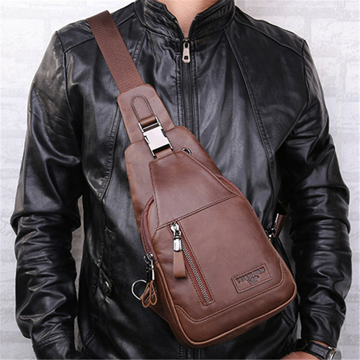 Image of Ekphero® Men Casual Genuine Leather Oil Wax Chest Bag Crossbody Bag