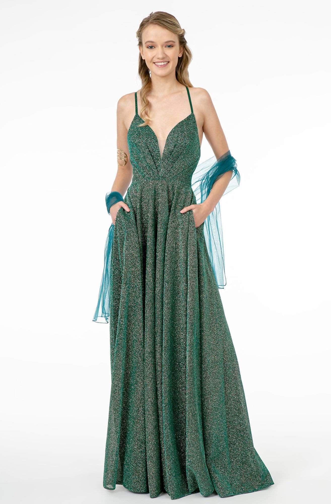 Image of Elizabeth K - GL1828 Plunging Pleat-Ornate Bodice Glitter Lame Gown