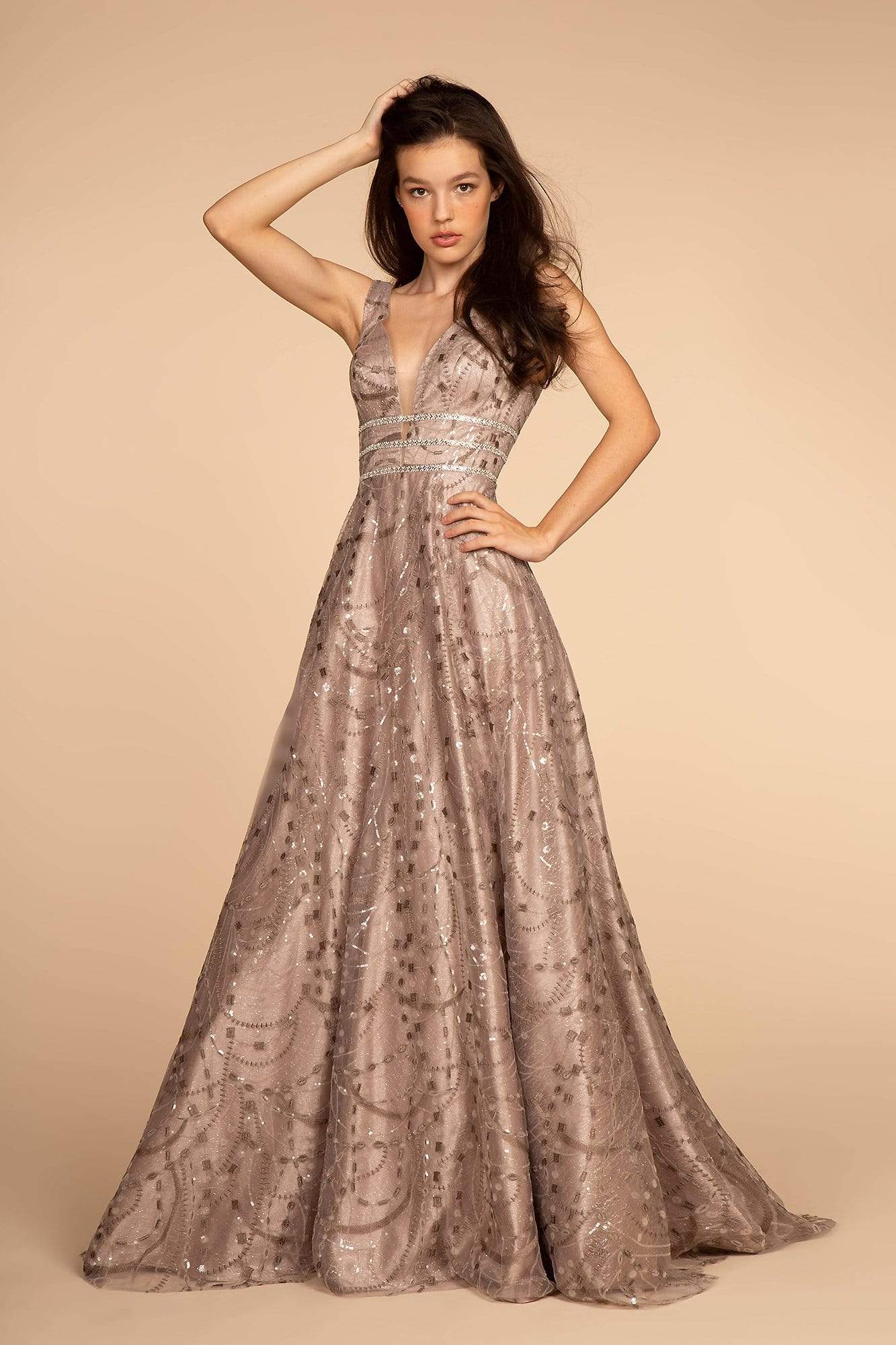 Image of Elizabeth K - GL2589 Embellished Deep V-neck A-line Dress