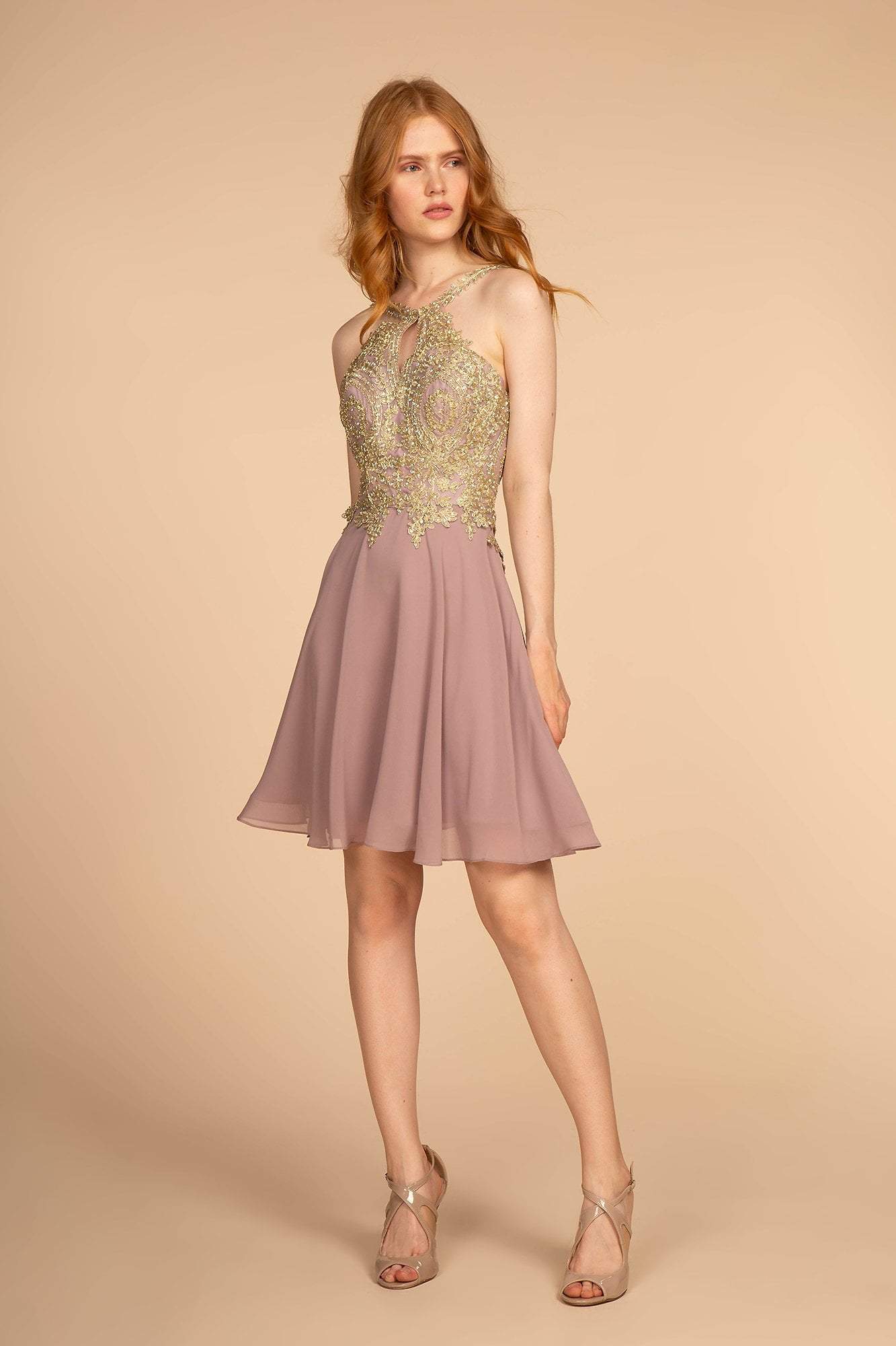 Image of Elizabeth K - GS1615 Gilt-Embroidered High Halter Chiffon Dress
