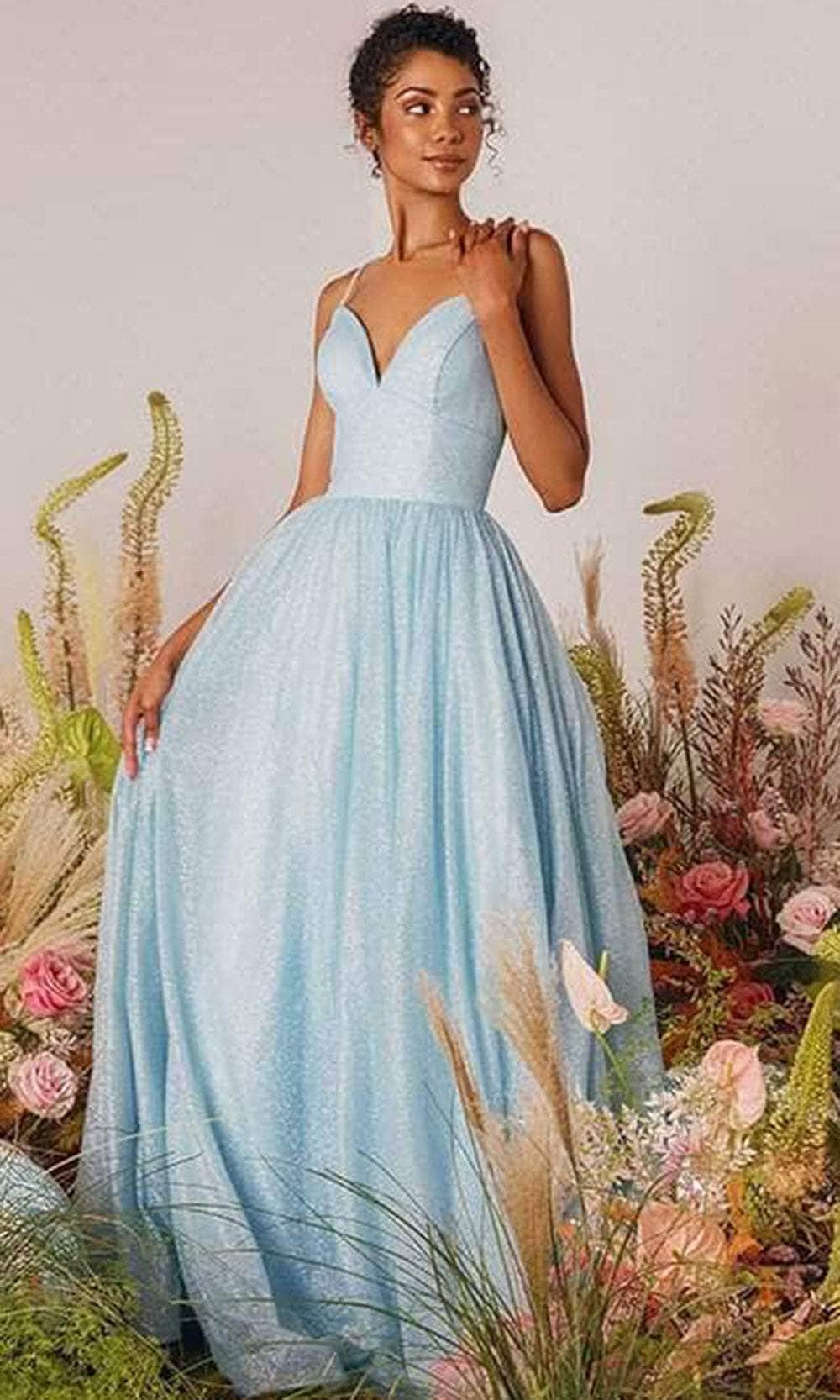 Image of Eureka Fashion 9009 - Glitter Mesh Plunging V-Neck Prom Gown