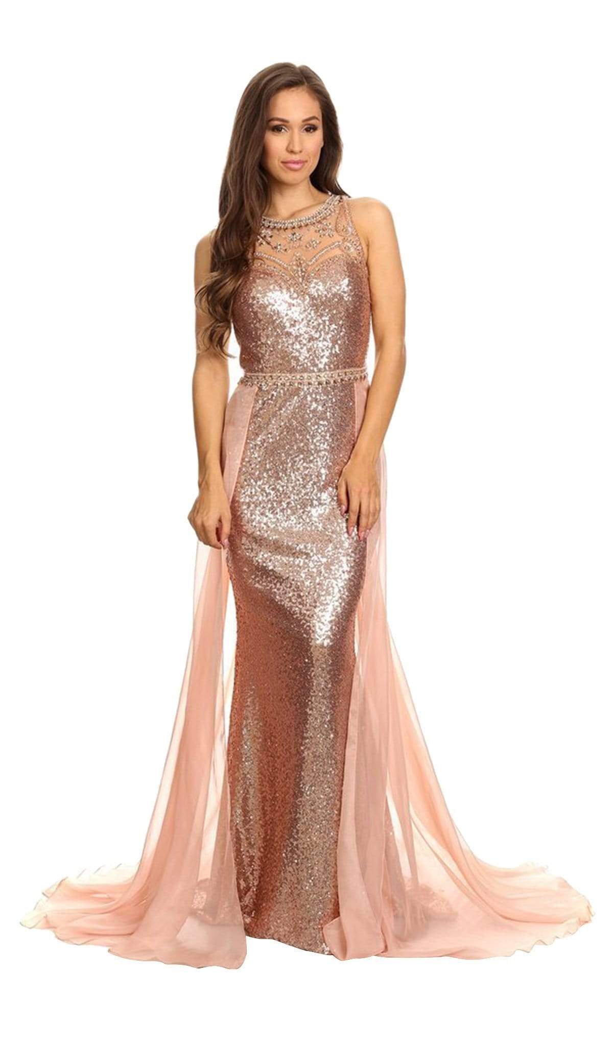Image of Eureka Fashion - Sequined Illusion Halter Evening Dress With Sheer Overlay