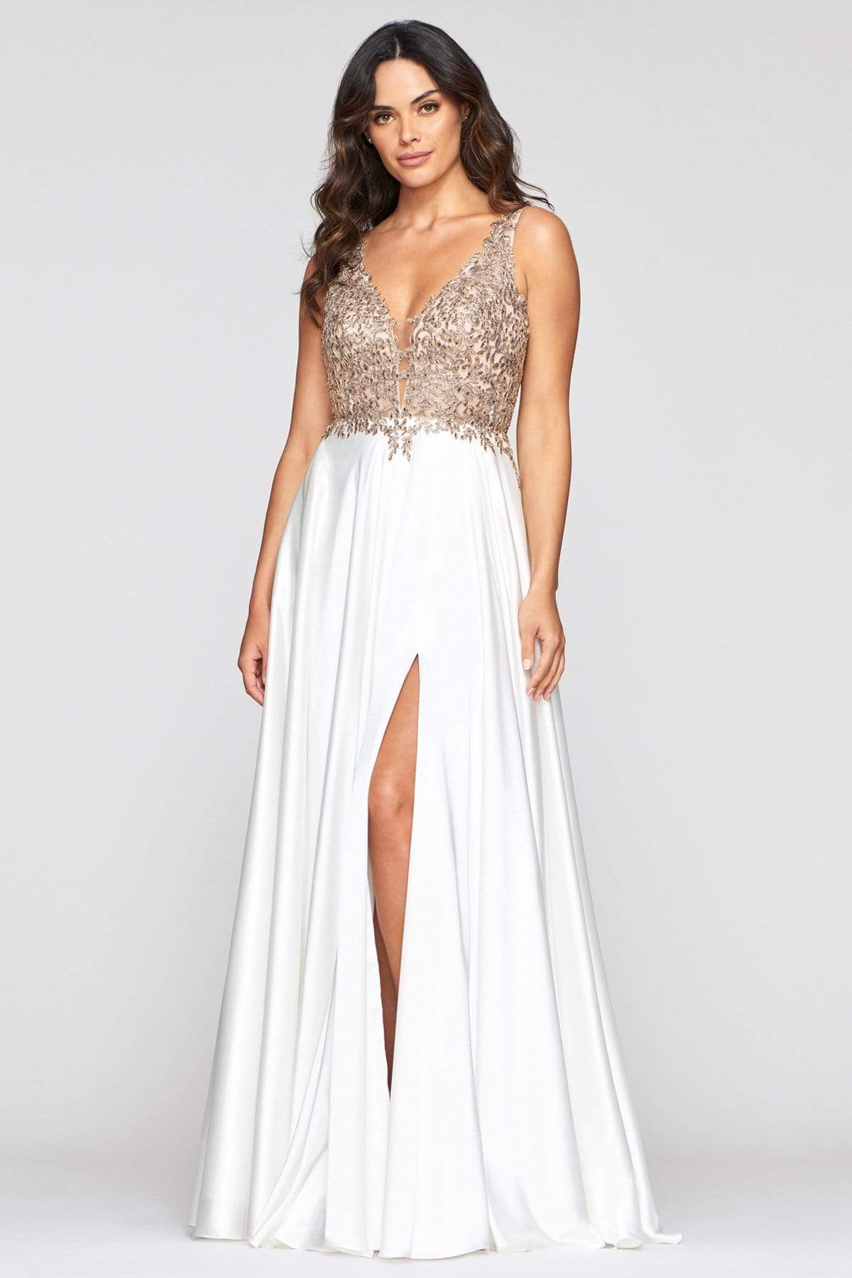 Image of Faviana - 10407 Sleeveless Lace Bodice Flowy Satin Gown