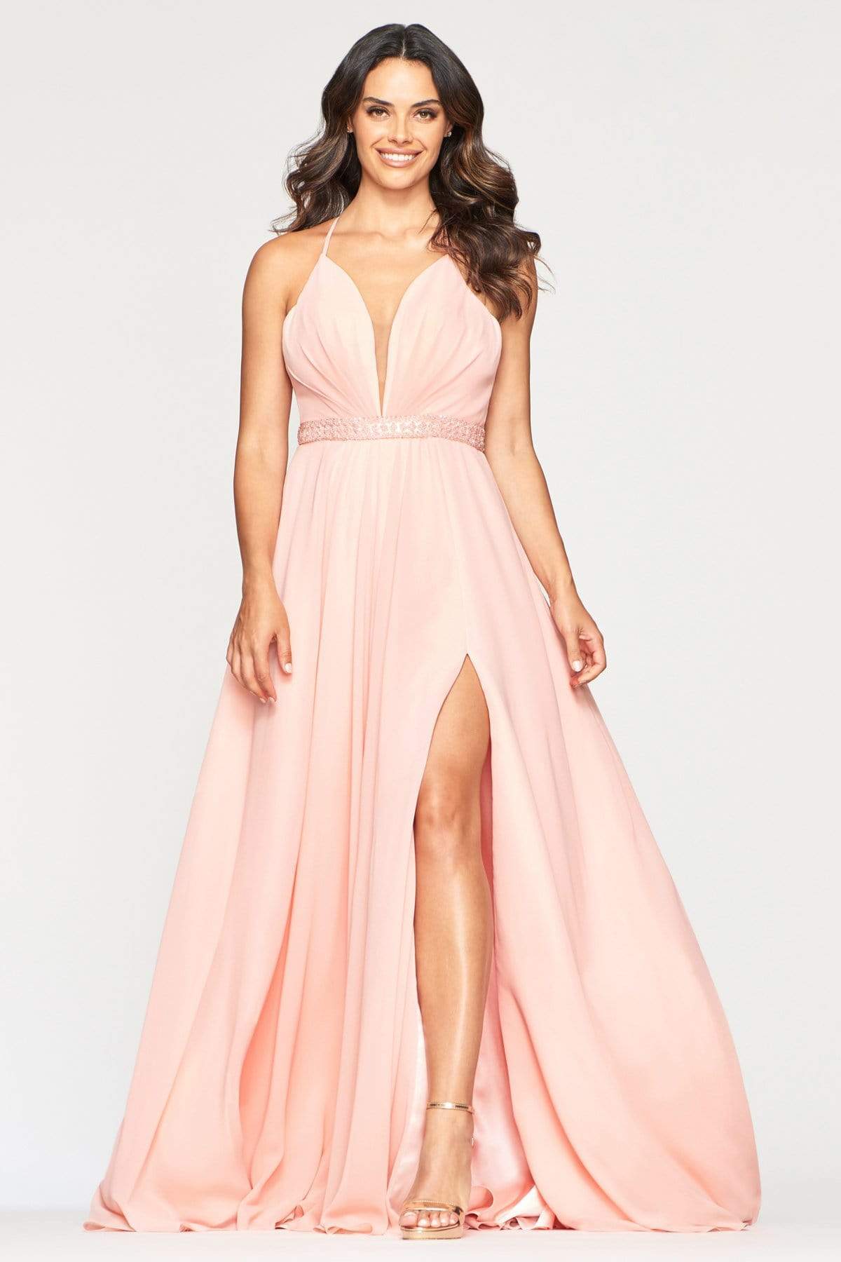 Image of Faviana - S10435 Illusion Plunging V Neck Beaded Waist A-Line Dress