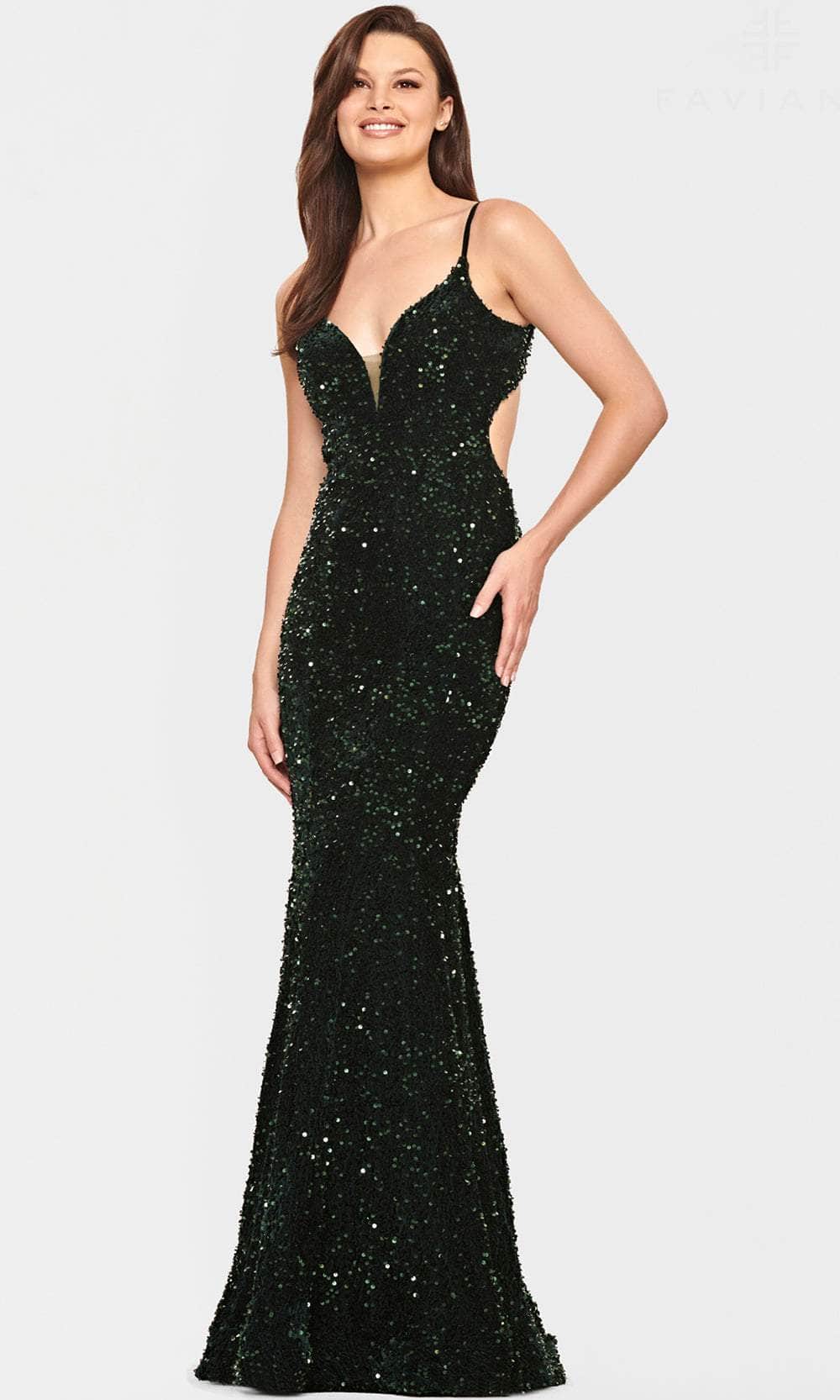Image of Faviana S10817 - V-Neck Cutout Sequin Evening Gown