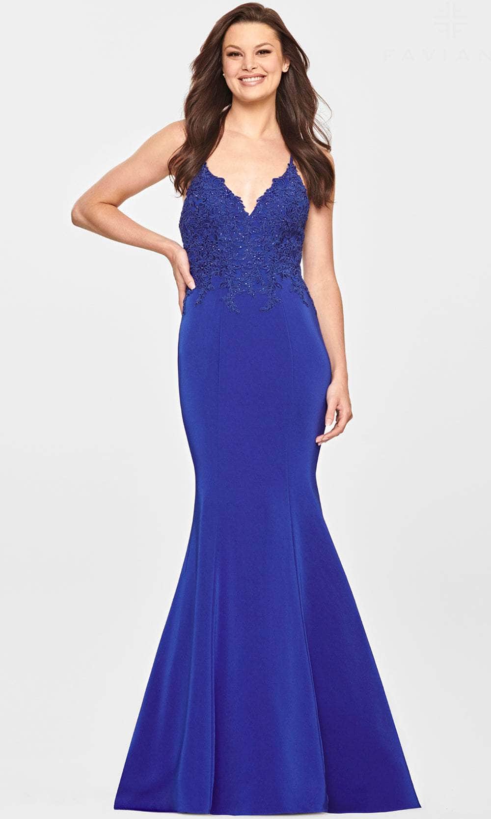 Image of Faviana S10821 - Lace Appliqued V-Neck Evening Gown