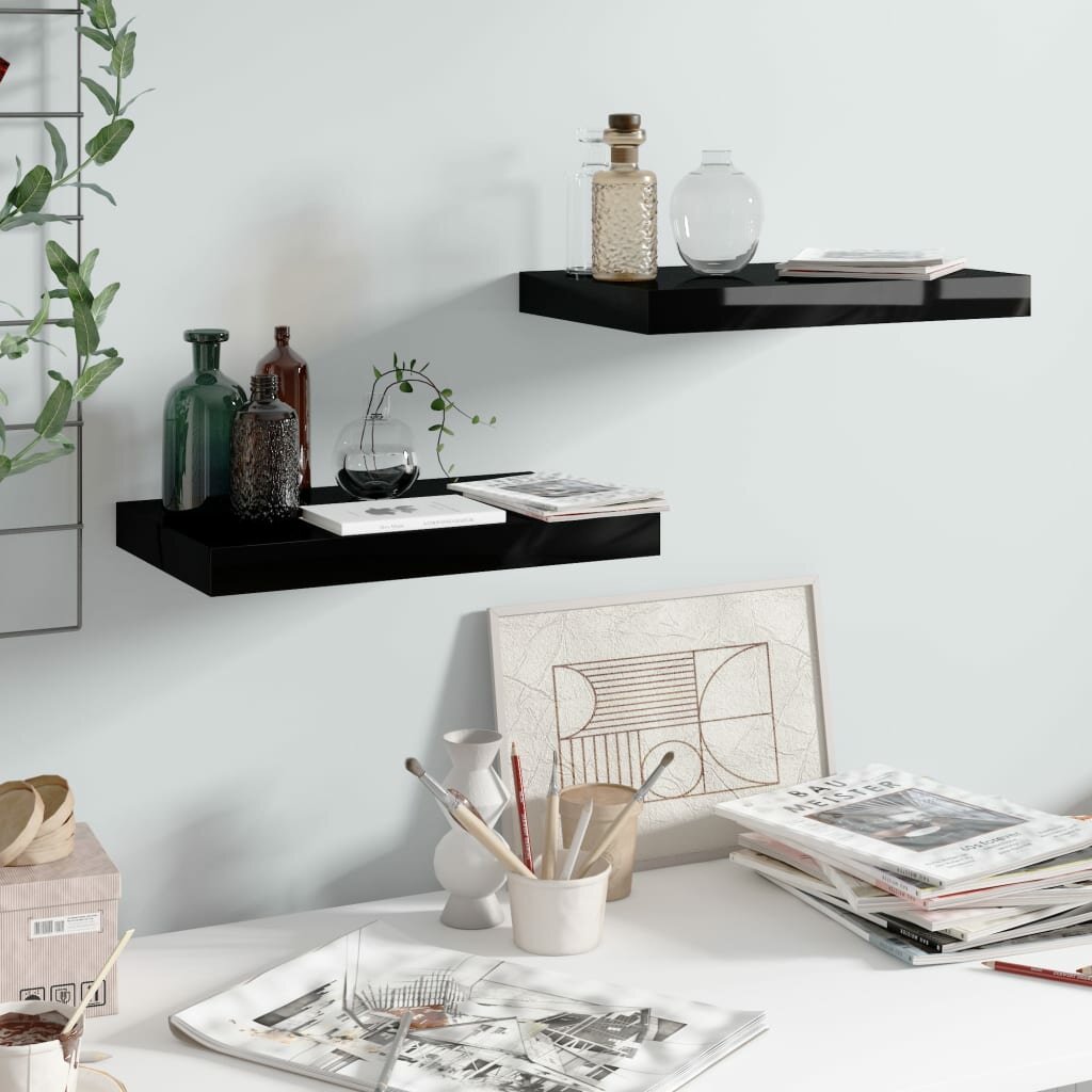 Image of Floating Wall Shelves 2 pcs High Gloss Black 157"x91"x15" MDF