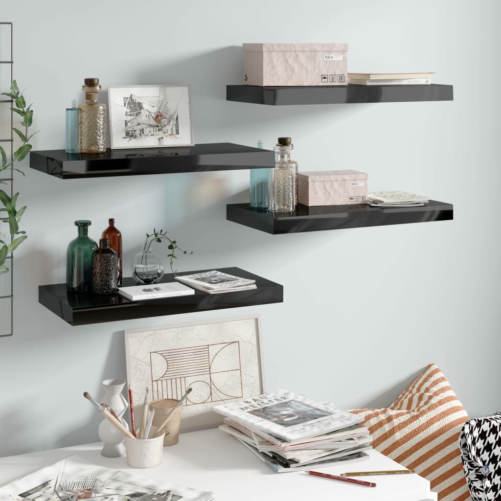 Image of Floating Wall Shelves 4 pcs High Gloss Black 197"x91"x15" MDF