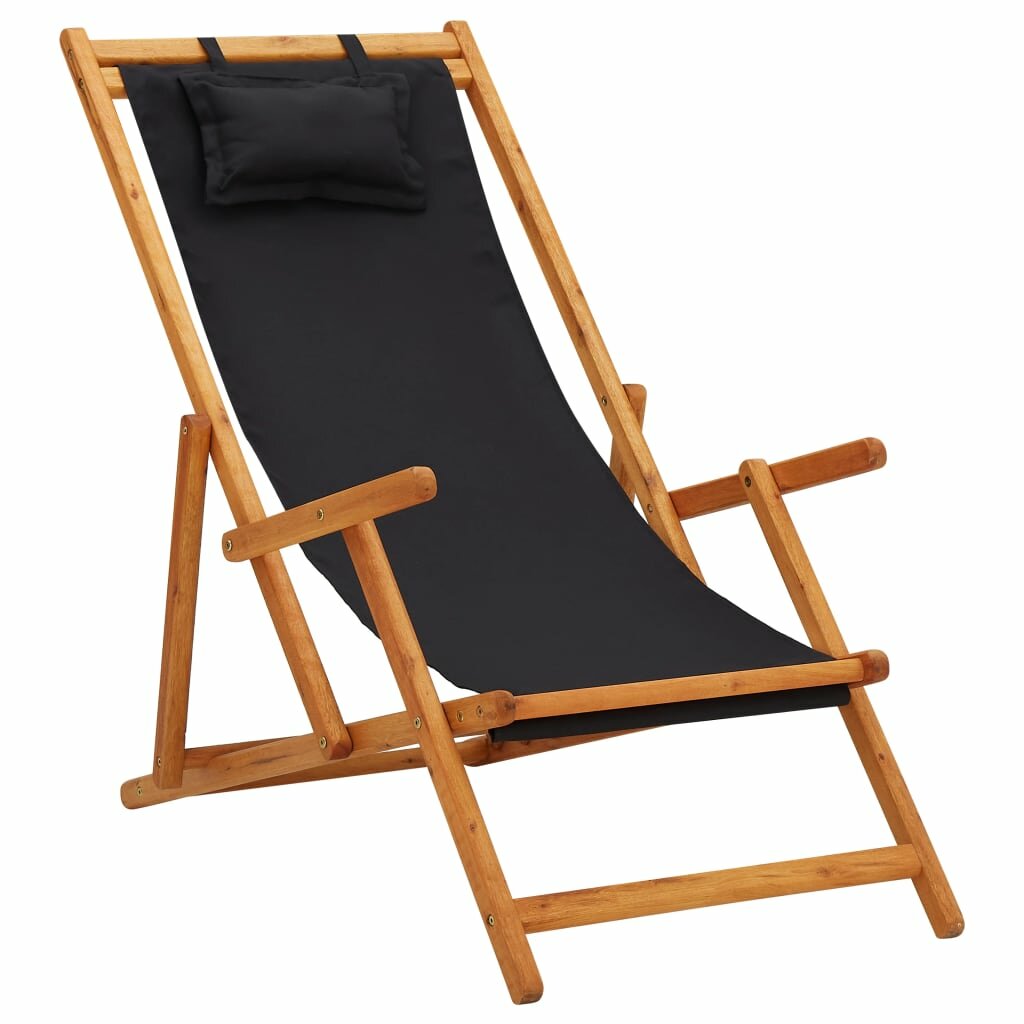 Image of Folding Beach Chair Solid Eucalyptus Wood and Fabric Black