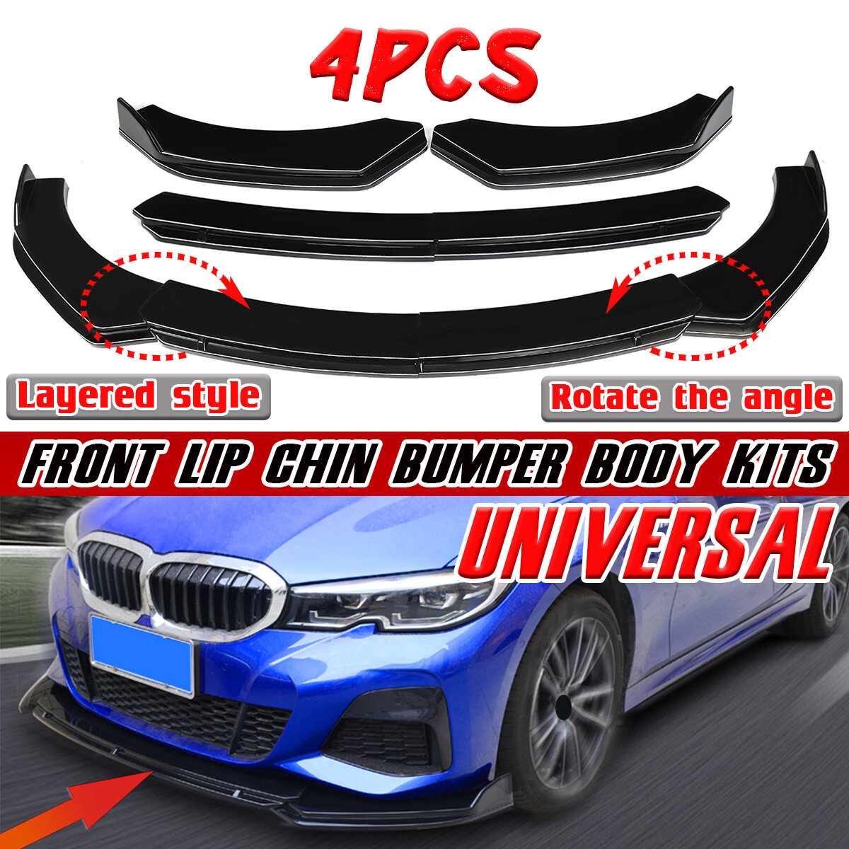 Image of For Car Universal Glossy Black Front Lip Chin Bumper Body Kits New