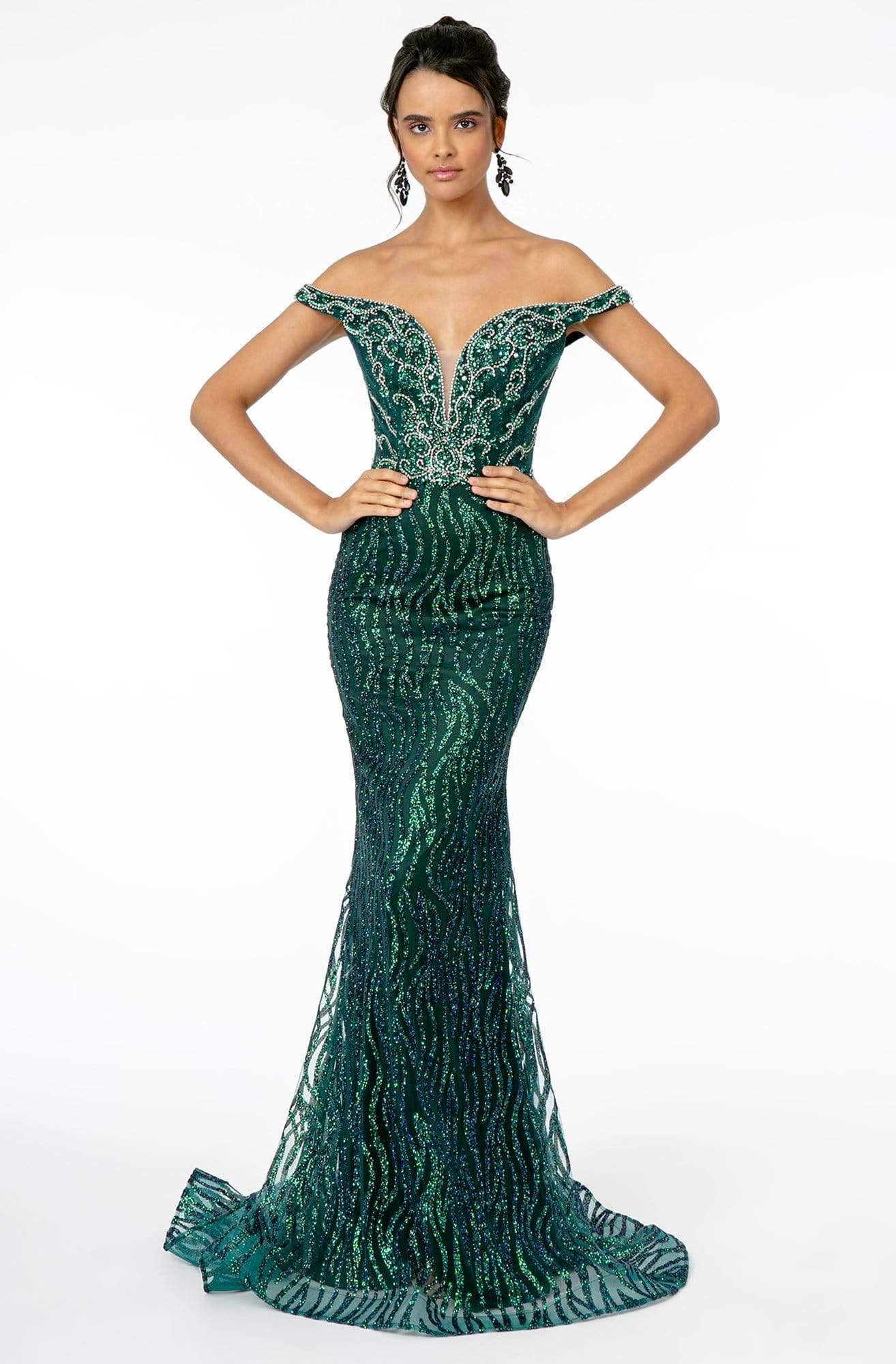 Image of GLS by Gloria - GL1818 Plunging Off Shoulder Jeweled Mermaid Gown