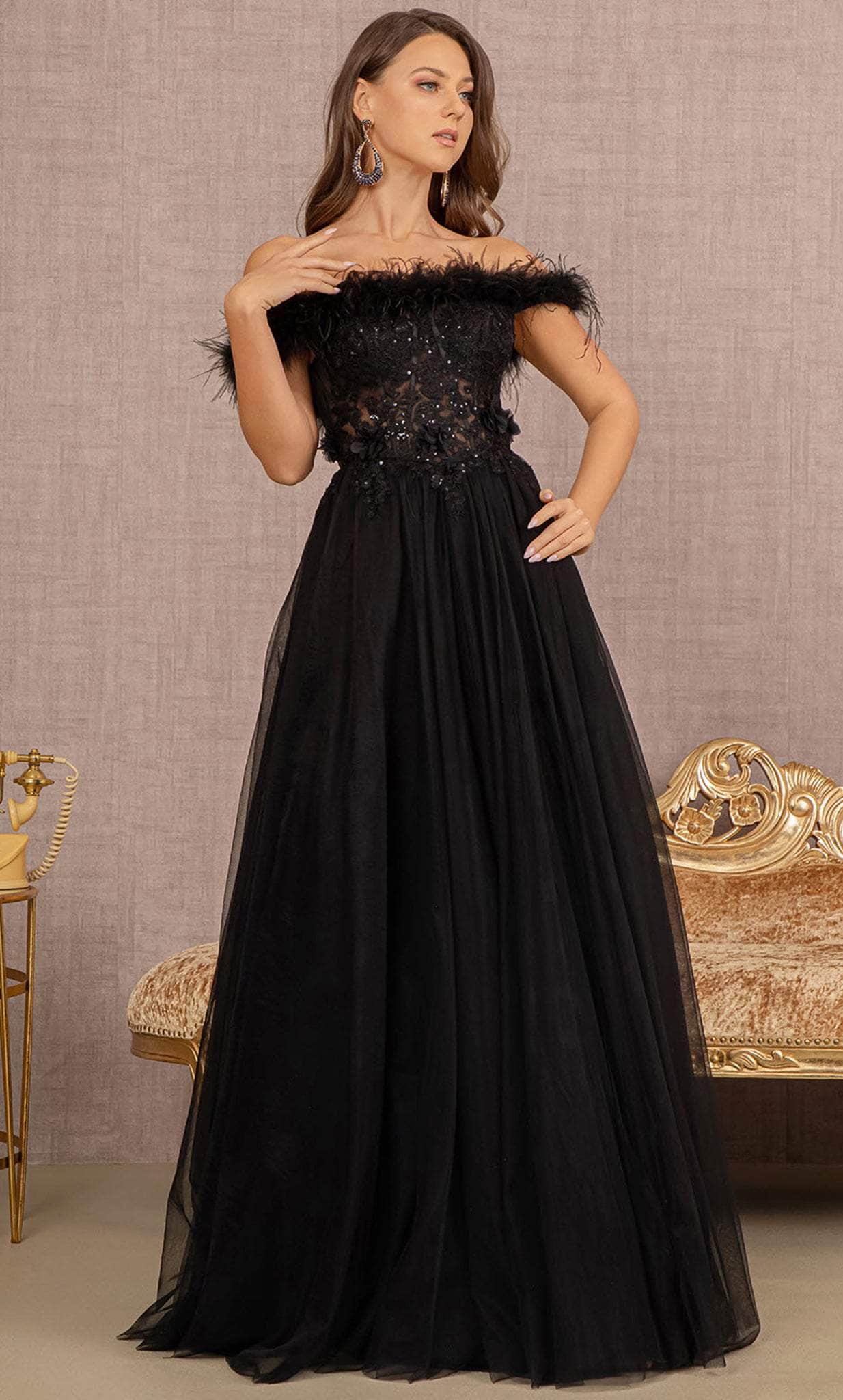 Image of GLS by Gloria GL3138 - Feathered Off-Shoulder Evening Dress