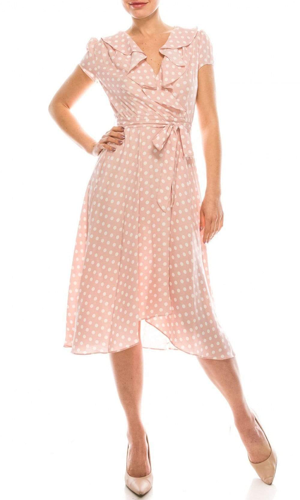 Image of Gabby Skye - 57538MG Polka Dot Ruffle Neckline Faux Wrap Dress