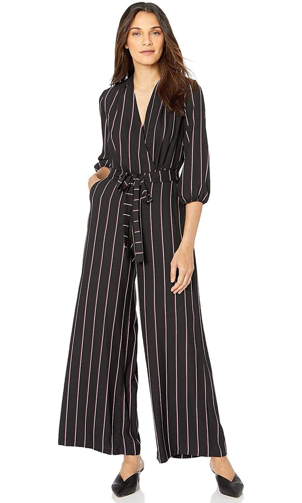 Image of Gabby Skye - 91139MG Quarter Sleeve Stripe V-Neck Jumpsuit