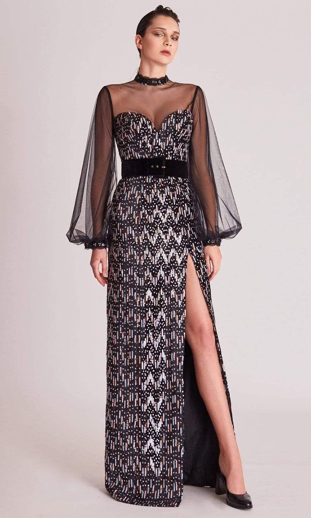 Image of Gatti Nolli Couture - OP5686 Illusion Neckline High Slit Sequin Dress