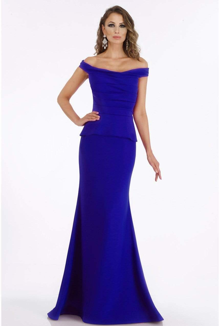 Image of Gia Franco - 12012 Pleated Off-Shoulder Trumpet Dress With Train