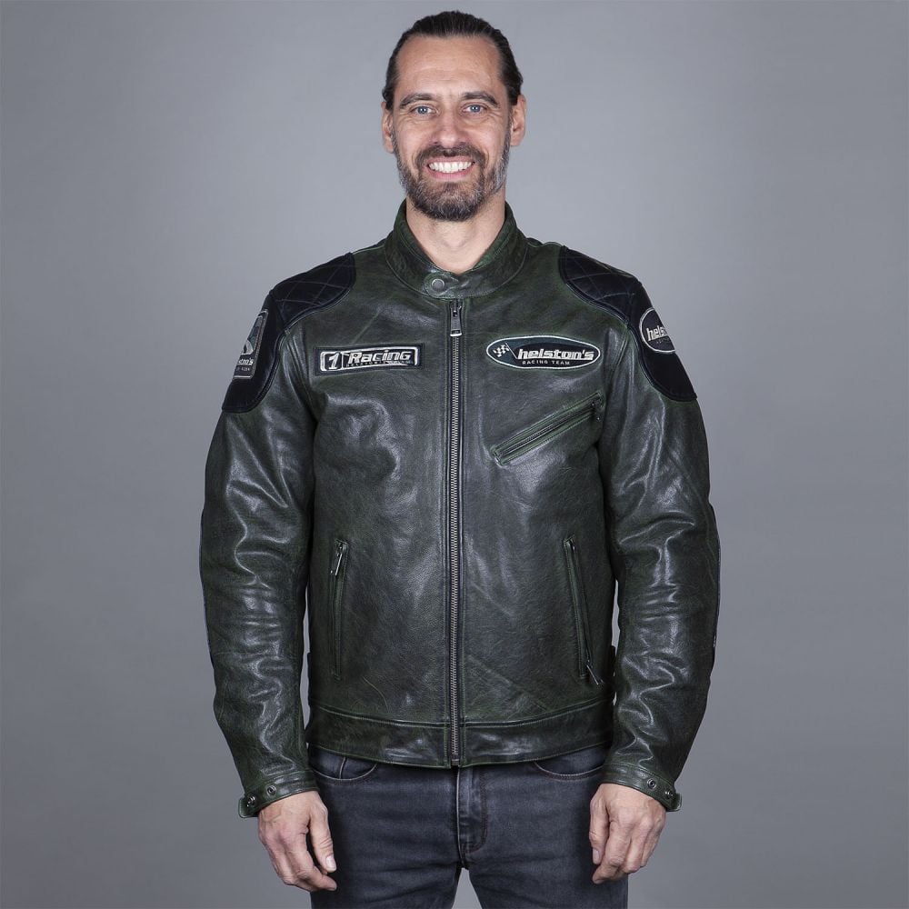 Image of Helstons Trevor Leather Rag Jacket Green Black Talla L