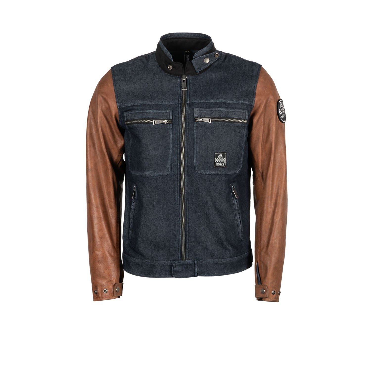 Image of Helstons Winston Canvas Cotton Leather Blau Braun CE Jacke Größe XL