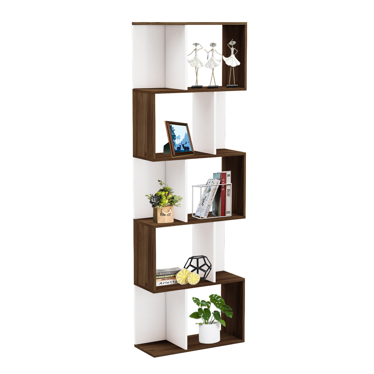 Image of Hoffree Wooden S-Shaped Bookcase Modern Display Shelves Storage Unit Divider