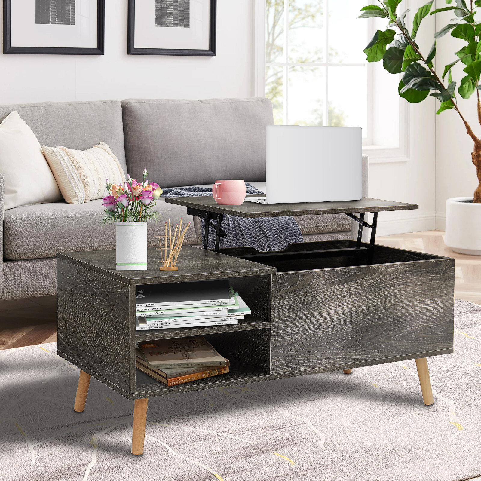 Image of Hommpa Lift Top Coffee Table with Hidden Storage and Side Drawer Charging Station for Home Living Room