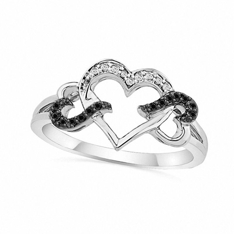 Image of ID 1 005 CT TW Enhanced Black and White Natural Diamond Triple Heart Ring in Sterling Silver