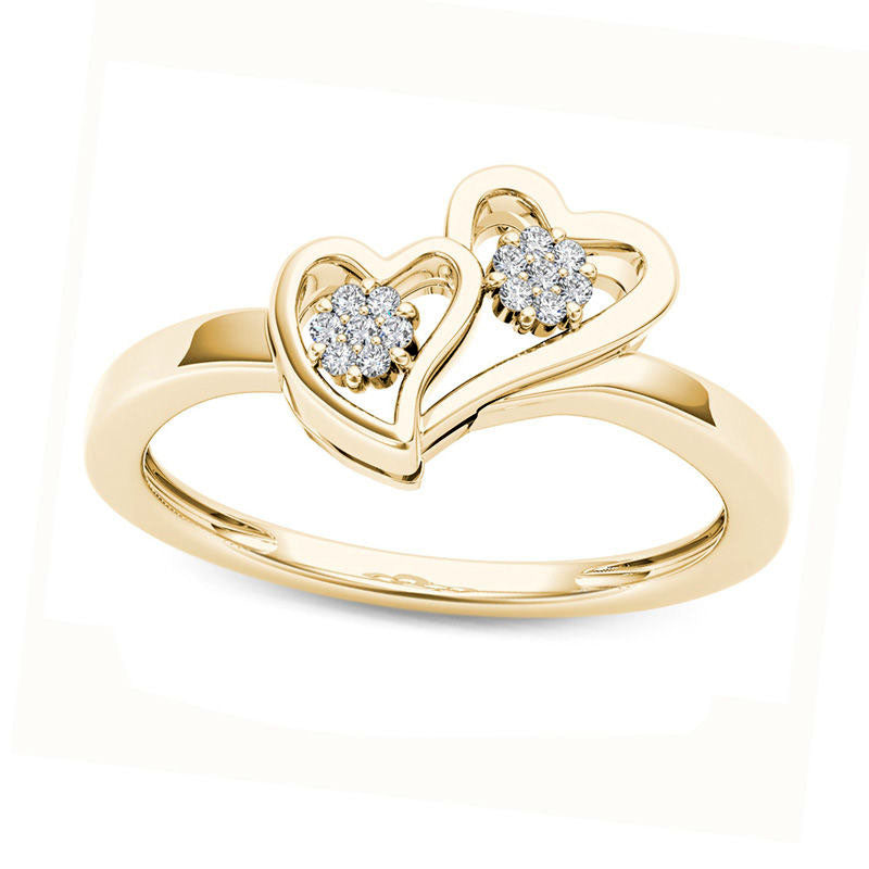Image of ID 1 005 CT TW Natural Diamond Double Heart Ring in Solid 10K Yellow Gold