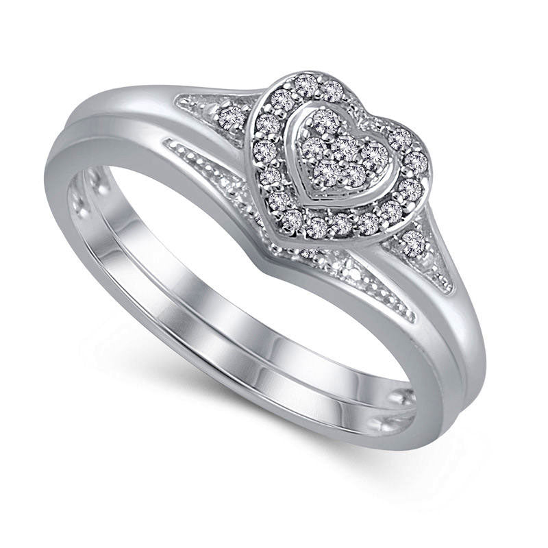 Image of ID 1 010 CT TW Composite Natural Diamond Heart Frame Bridal Engagement Ring Set in Sterling Silver
