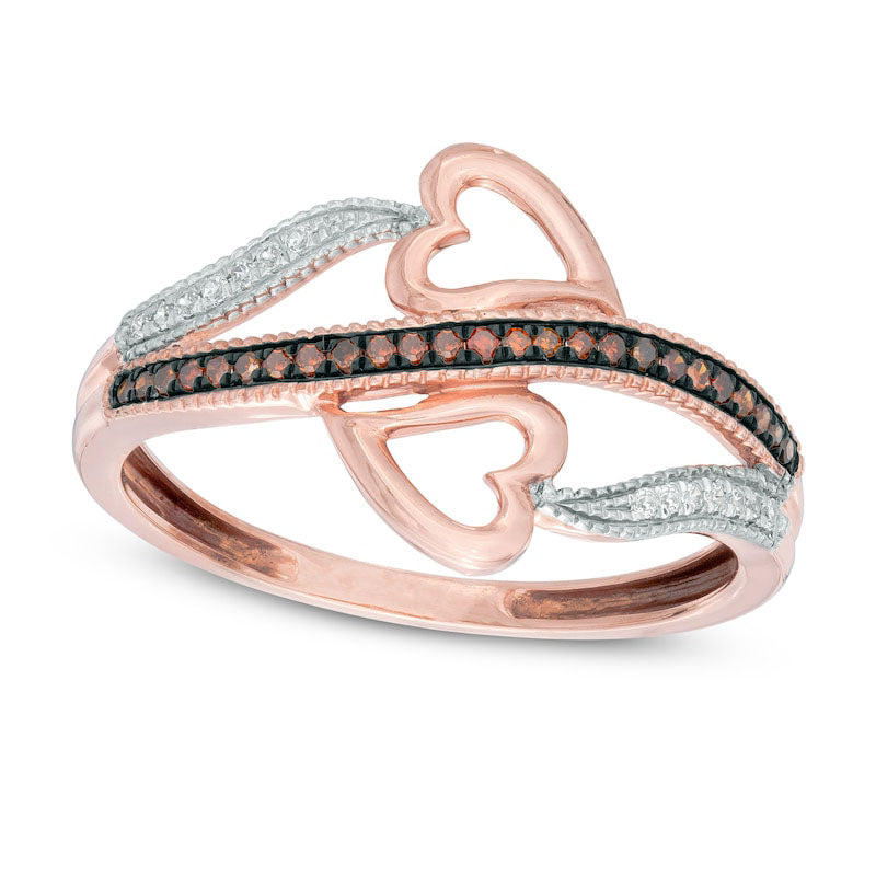 Image of ID 1 010 CT TW Enhanced Cognac and White Natural Diamond Double Heart Bypass Ring in Solid 10K Rose Gold