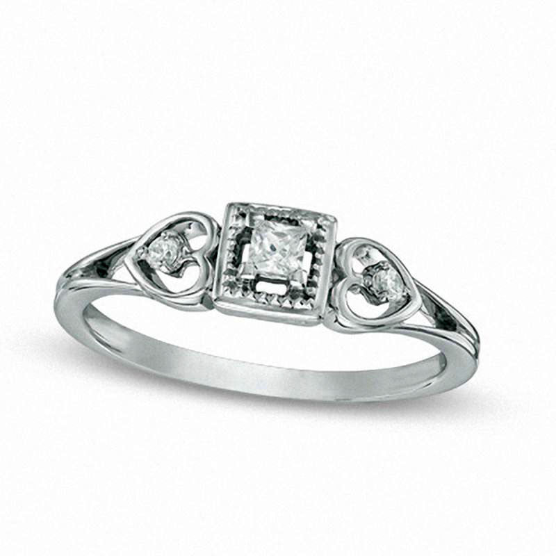 Image of ID 1 010 CT TW Princess-Cut Natural Diamond Frame Heart Collar Promise Ring in Solid 10K White Gold