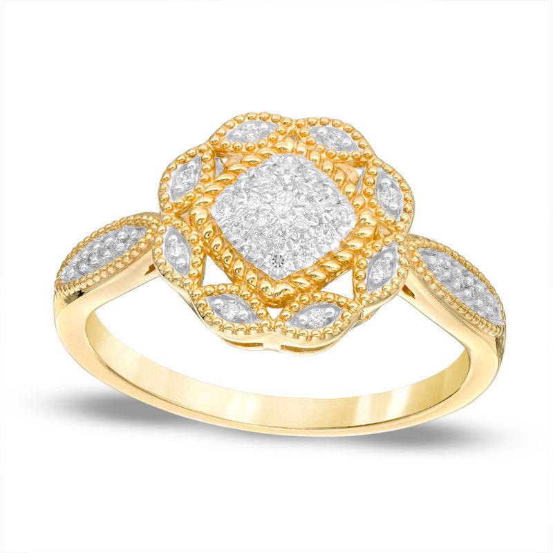 Image of ID 1 013 CT TW Composite Natural Diamond Flower Antique Vintage-Style Ring in Solid 10K Yellow Gold
