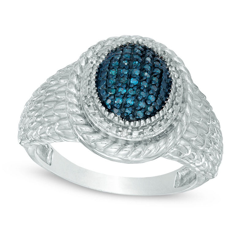 Image of ID 1 013 CT TW Enhanced Blue and White Natural Diamond Oval Framed Feathered Ring in Sterling Silver - Size 7
